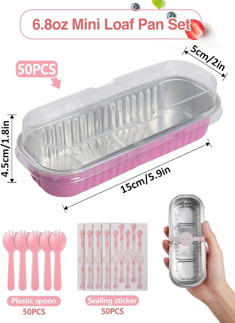 50-Pack Aluminum Bread Cupcake Pans with Lids and Spoons - 68oz Disposable Cake Tins for Picnics and Parties