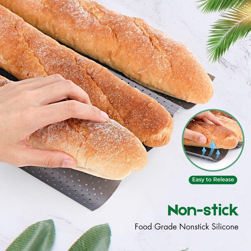 AMAGABELI Nonstick Baguette Pan for French Bread Baking - 15 x 13 Perforated Mold with 4 Gutter Oven Toaster Cloche Silver