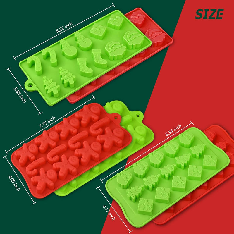 Christmas Silicone Chocolate and Candy Molds - 6 Pack Reusable Non-stick Xmas Themed RedGreen