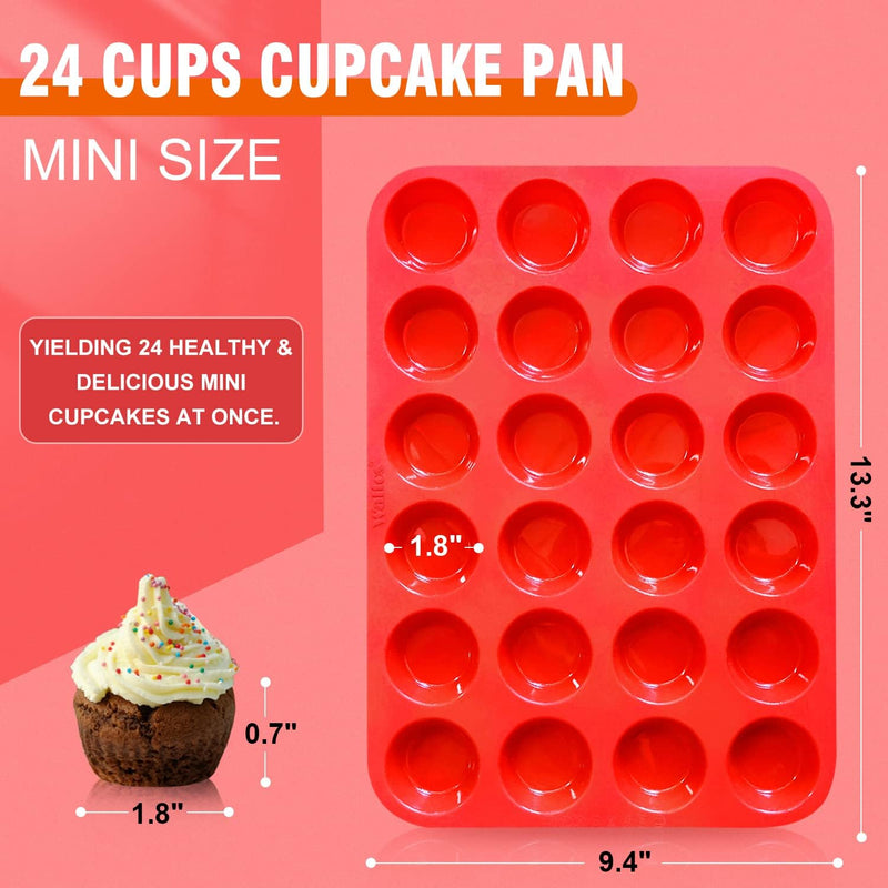 Walfos Silicone Cupcake Pan Set - 2-Piece Mini 24-Cup Muffin Baking Pan - BPA Free Dishwasher Safe - Non-Stick - Great for Muffin Cakes Fat Bombs