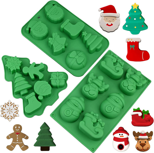 3-Pack Christmas Silicone Molds - Large Xmas Baking Mold for Mini Cakes Soap Chocolate Jello Candy Candles - Christmas Tree Santa Snowman Shape
