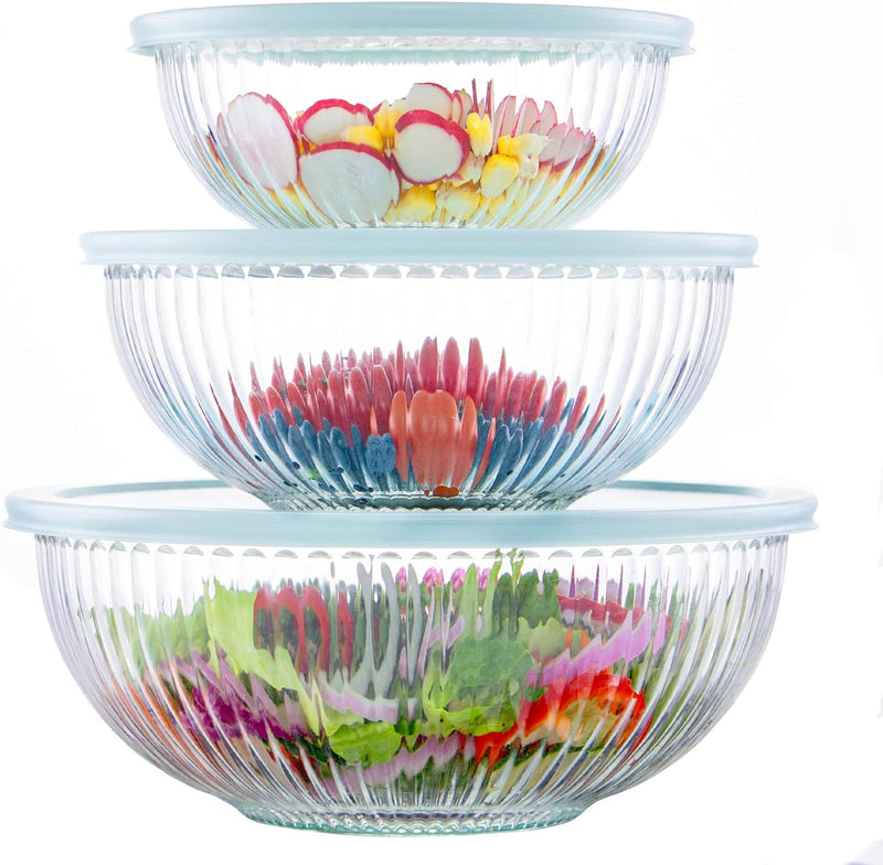 3PC Glass Mixing Bowl Set with Lids - Clear Dishwasher Safe for Kitchen Cooking and Baking
