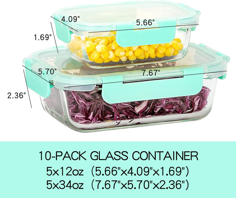 10-Pack UMEIED Glass Food Storage Containers - Leakproof Airtight Meal Prep Containers for Lunch On the Go Leftovers - Dishwasher Safe