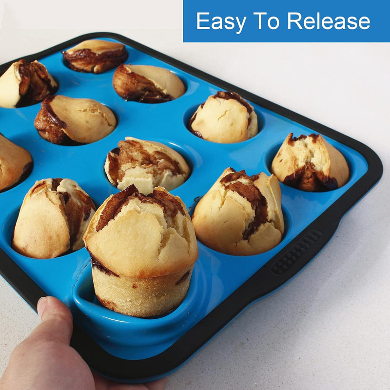 Non-Stick Silicone Muffin Pan with Stainless Steel Frame - 12 Cup Baking Mold BPA Free Blue