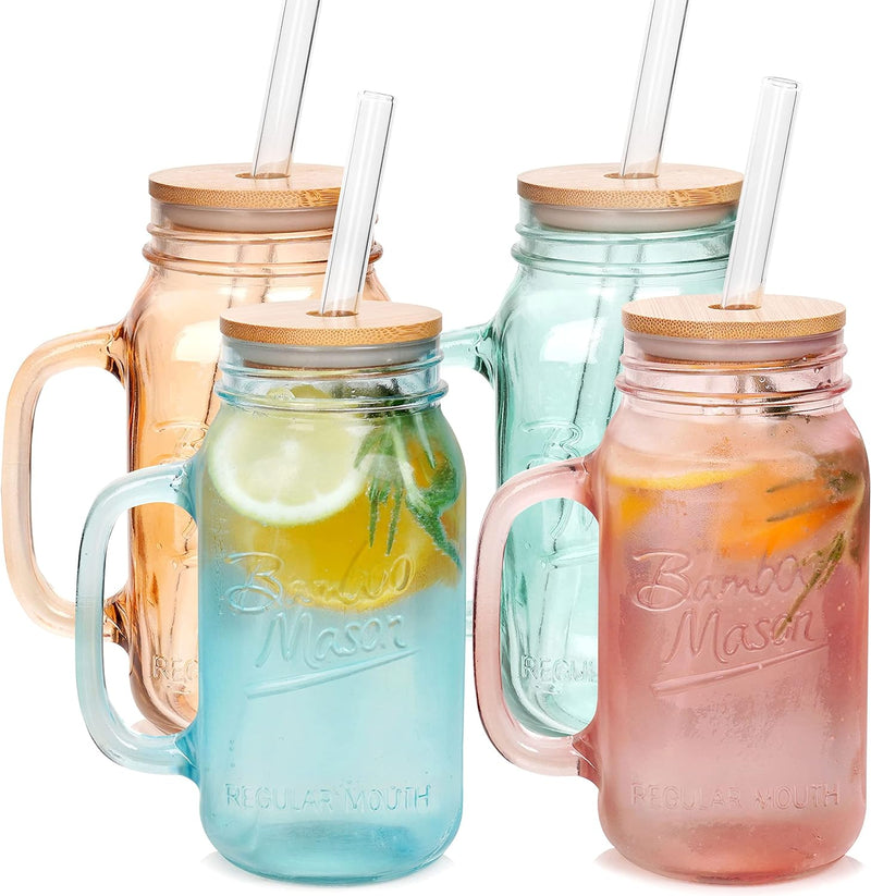 ANOTION Mason Jar with Lid and Straw, 24oz Regular Mouth Mason Jars with Handle Drinking Glasses Tumbler Reusable Boba Cups Smoothie Water Bottles for Iced Coffee (Classic 2 cups Style)