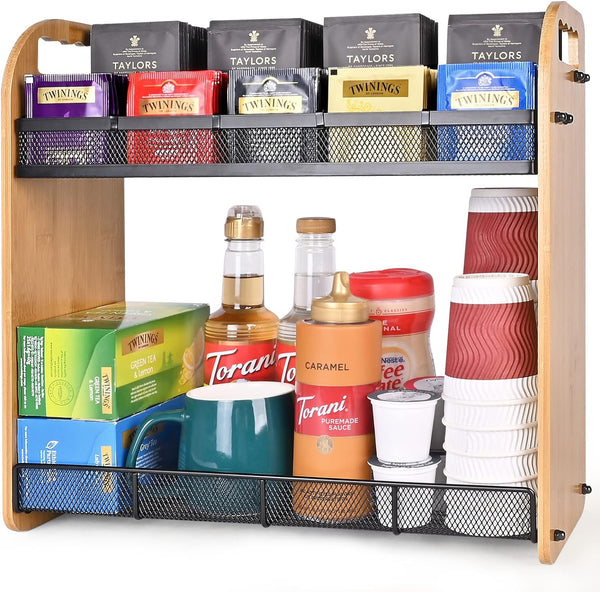 ITHSKUILL Tea Bag Organizer, Large Capacity Tea Organizer for Tea Bags, Bamboo Multi-functional Storage Coffee Bar Accessories for Home Office Kitchen Counter Cabinet Pantry Organizer