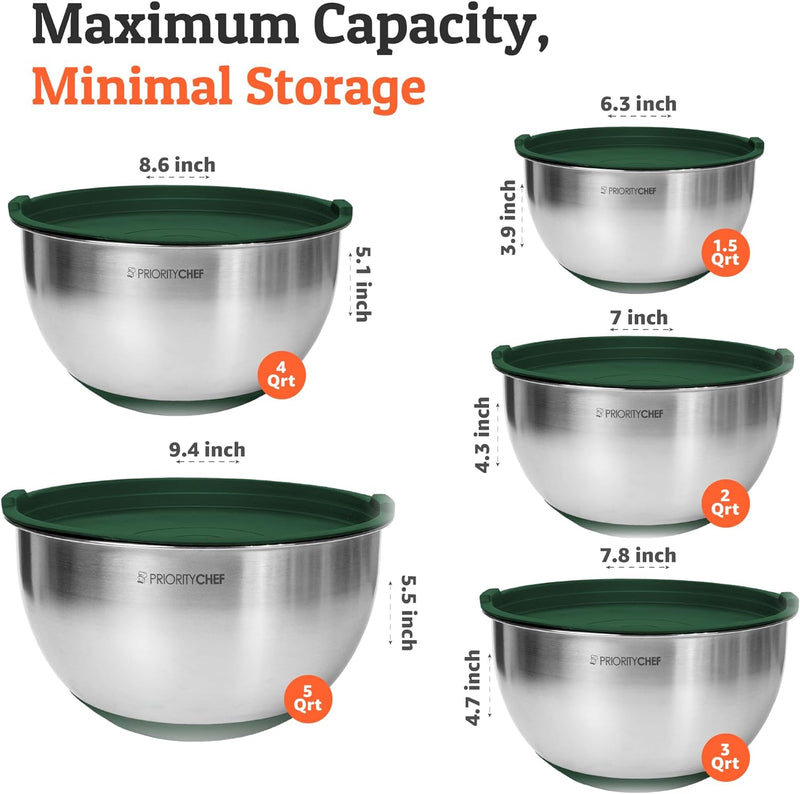 Premium Mixing Bowl Set with Airtight Lids - Thicker Stainless Steel - 152345 Qrt - Black