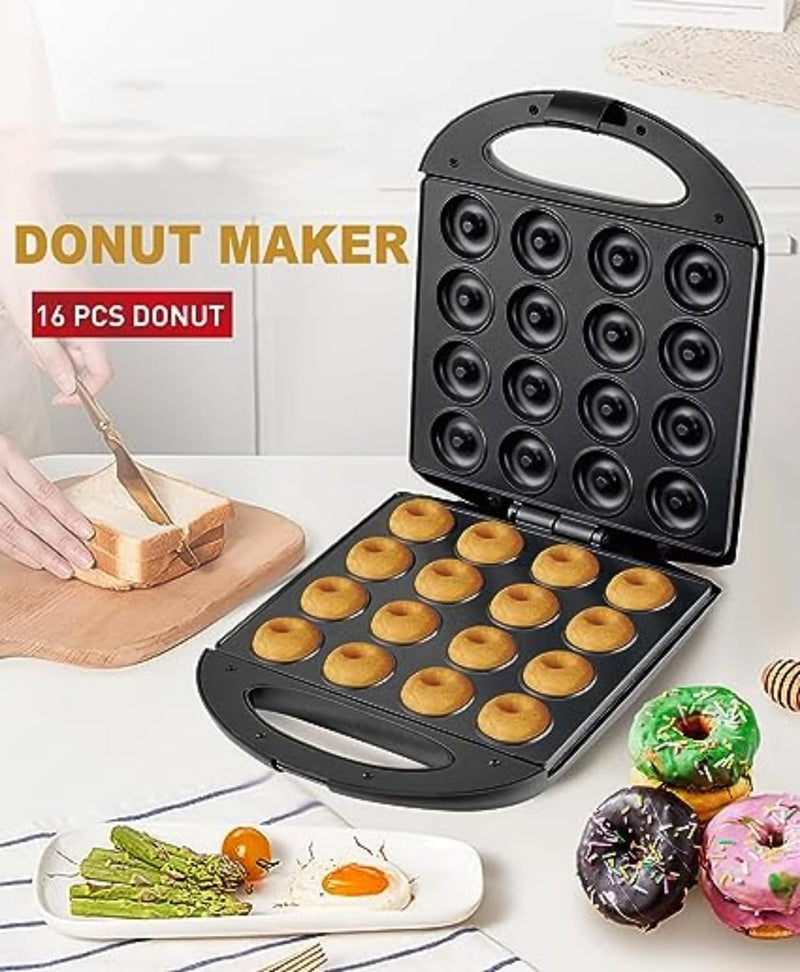 Donut Maker - 1400W Non-Stick Machine for 16 Doughnuts - Kid-Friendly for Home  Travel Use