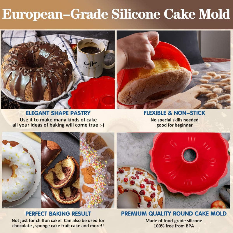 European Grade Cake Mold - Non Stick Silicone 9-inch Fluted Pan for Baking Jello Gelatin and Cakes - BPA-Free