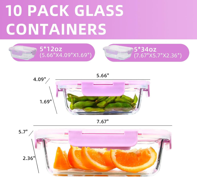 10-Pack UMEIED Glass Food Storage Containers - Leakproof Airtight Meal Prep Containers for Lunch On the Go Leftovers - Dishwasher Safe