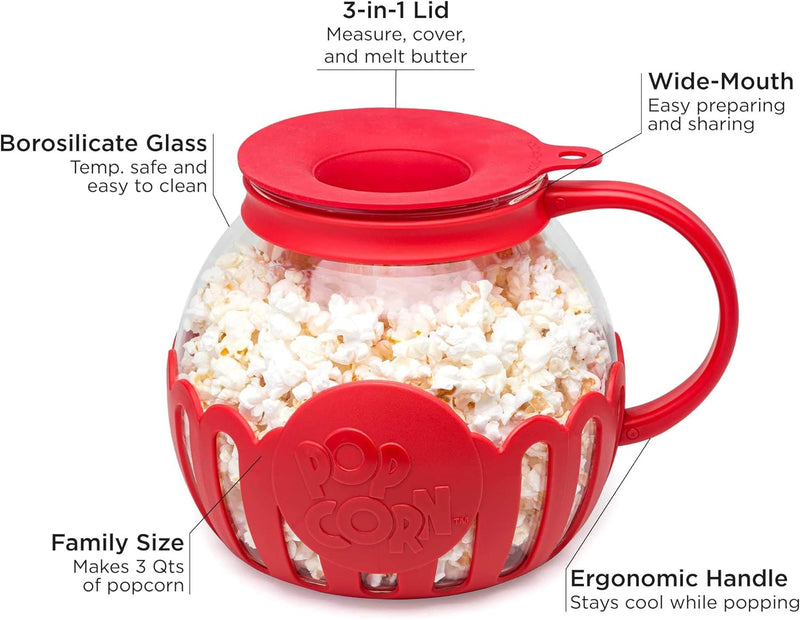 Ecolution Micro-Pop Microwave Popcorn Popper - Temperature Safe with 3-in-1 Lid BPA-Free Dishwasher Safe 15-Quart Pink