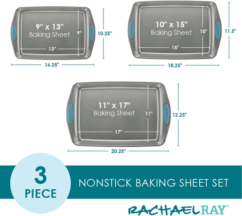 Rachael Ray 3-Piece Bakeware Set with Nonstick Gray and Marine Blue Grips