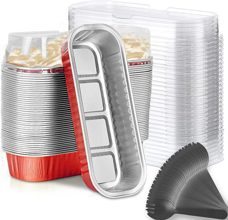 Mini Loaf Baking Pans with Lids  Spoons 50 Pack 68oz - Aluminum Foil Baking Tins for Cupcakes Cheesecakes and Creme Brulee