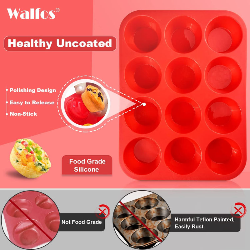 Walfos Silicone Cupcake Pan Set - 2-Piece Mini 24-Cup Muffin Baking Pan - BPA Free Dishwasher Safe - Non-Stick - Great for Muffin Cakes Fat Bombs