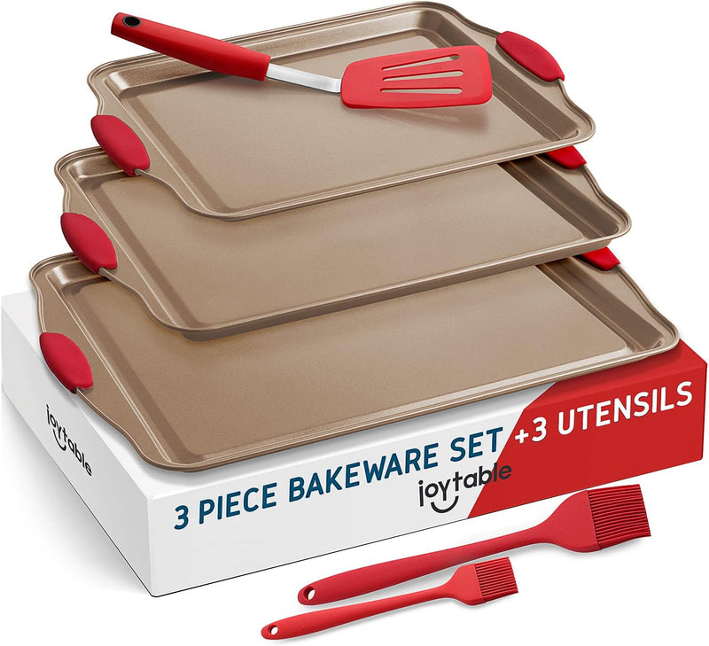 3-Piece Baking Sheet Set with Silicone Handles and Nonstick Coating