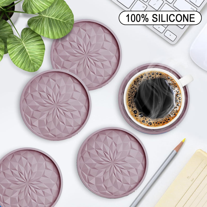 MEFAN Silicone Coasters 6 Pack with Holder - Non-Slip Deep Tray for HotCold Drinks - Black