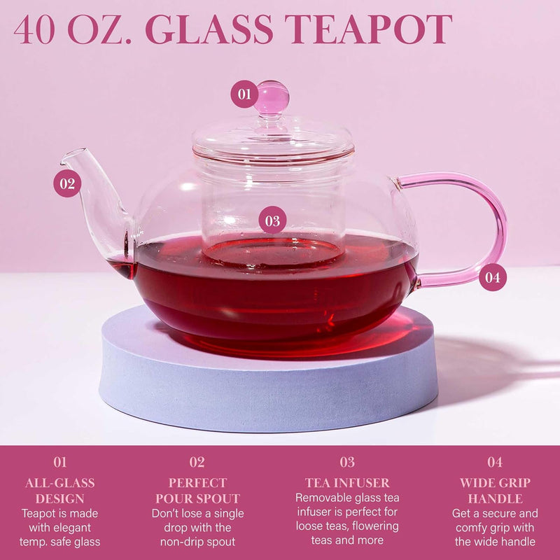 40oz Paris Hilton Glass Teapot with Removable Tea Infuser Filter - Temperature Safe - Perfect Pour Spout - Pink