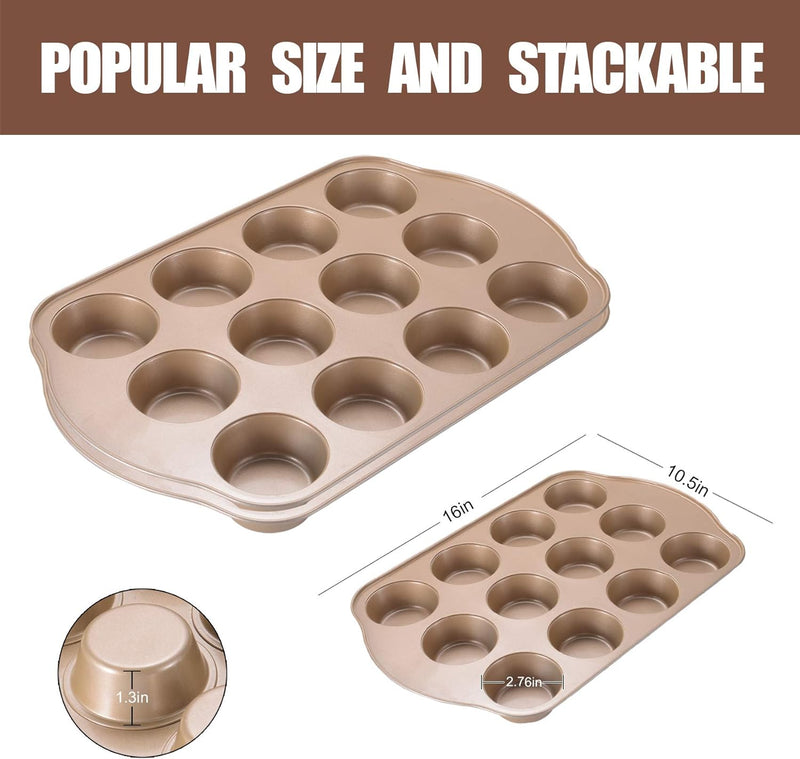 JOHO BAKING Nonstick Muffin and Cupcake Pan Set - 12 and 24-Cup Gold