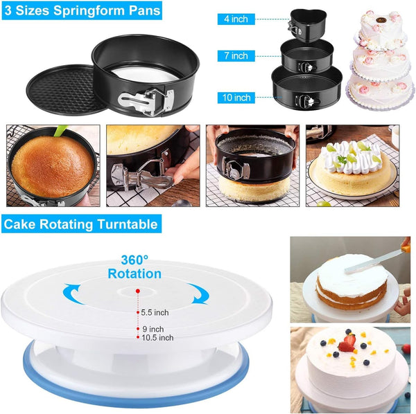 Cake Decorating Kit - 3 Springform Pans Turntable Piping Tips Russian Nozzles Fondant Tools