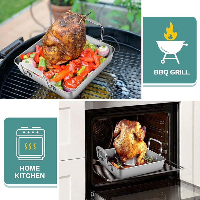 9-inch Beer Can Chicken Roaster with 2 Pans and Racks - Stainless Steel