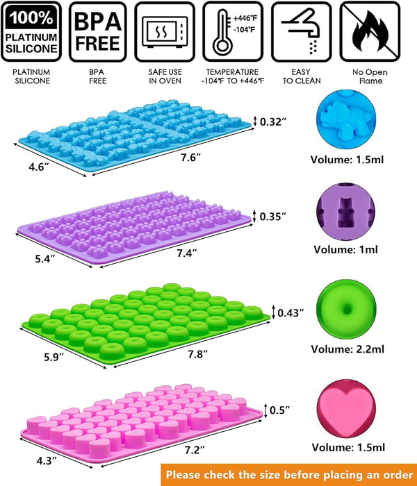 Gummy Bear Silicone Candy Molds - Set of 4 with Droppers Non-stick and Variety of Shapes