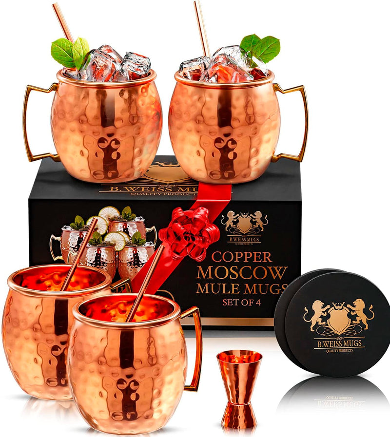 B. WEISS Premium Moscow Mule Mugs Set of 4 with Bonus Accessories - 100% Real Copper cups, Handcrafted, 16 oz - Includes Copper Straws, Jigger, and Coasters -Gift for Any Occasion - Food Safe