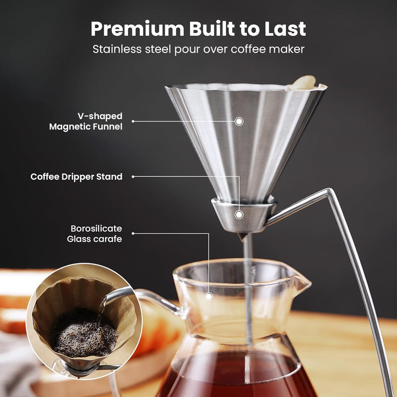 Maestri House Pour Over Coffee Maker, Magnetic Coffee Dripper and 600ML Carafe Coffee Server, Drip Coffee Maker with Metal Base, Dishwasher Safe for Home or Office