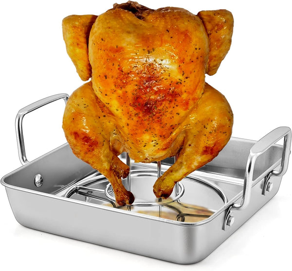9-inch Beer Can Chicken Roaster with 2 Pans and Racks - Stainless Steel