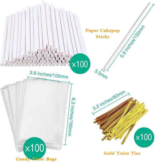 300-Piece Cake Pop Sticks and Wrappers Kit with Clear Candy Bags and Twist Ties - Perfect for Suckers and Chocolate
