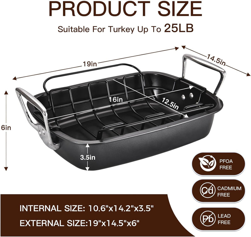 HONGBAKE Nonstick Turkey Roasting Pan with Rack 17x13 - for Large Turkey  Chicken Heavy Duty Dark Grey