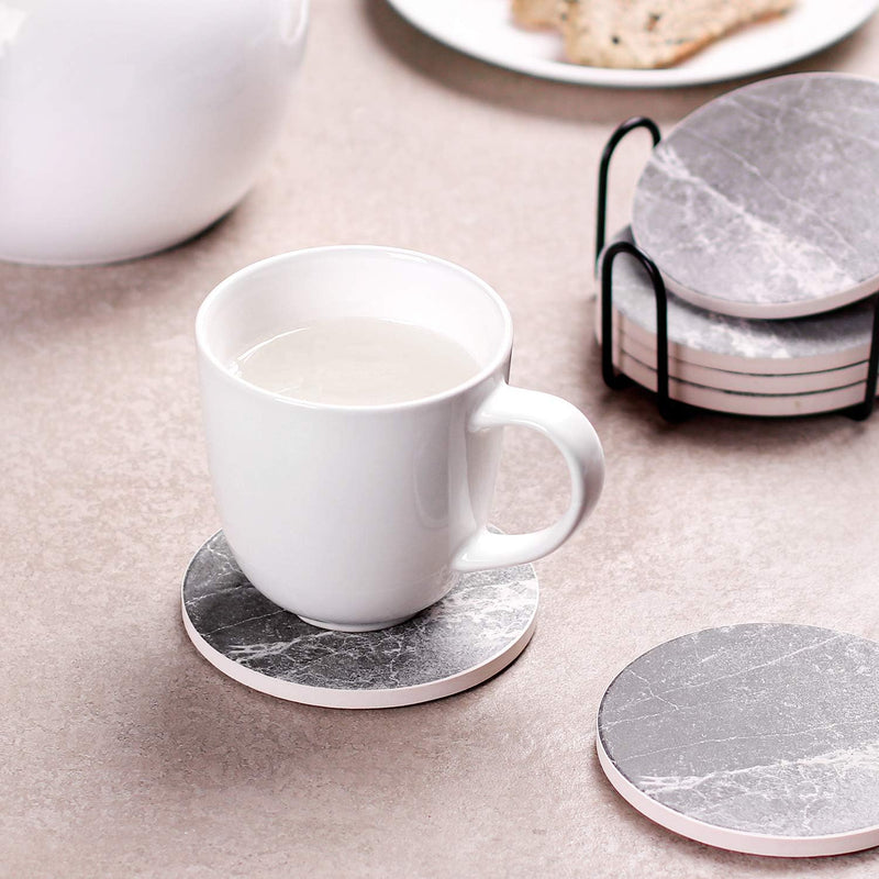 Marble Style Coasters with Holder - Absorbent Set of 6 for Tabletop Protection and Cool Home Decor