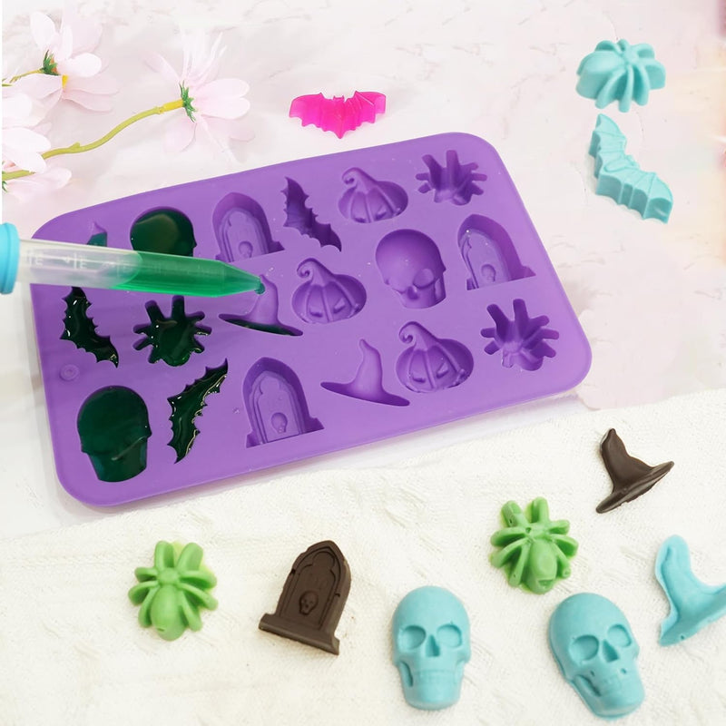 Silicone Gummy Bear Molds - 32PCS Non-stick Chocolate Fondant Mold with 18 Shapes for Candies and 4 Droppers - Dinosaur Donut and Animal Shaped - Including Clean Brush and Storage Box with Wrappers