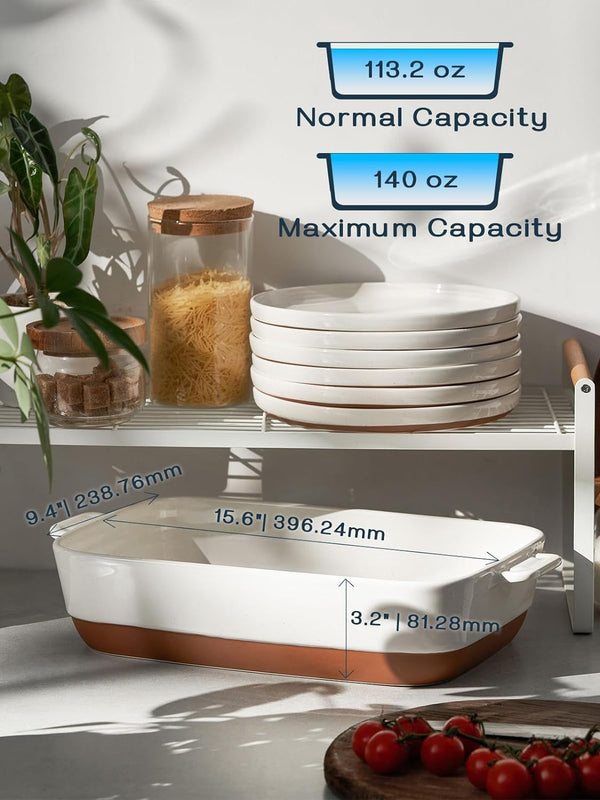 DOWAN 9x13 Ceramic Baking Dish - Deep Lasagna Pan with Handles and Alabaster White Color