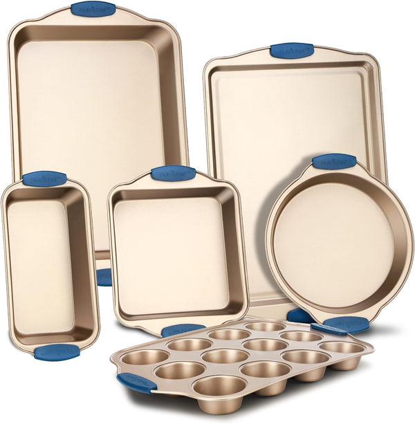 NutriChef 10-Piece Nonstick Bakeware Set with Silicone Handles and Gold Accents