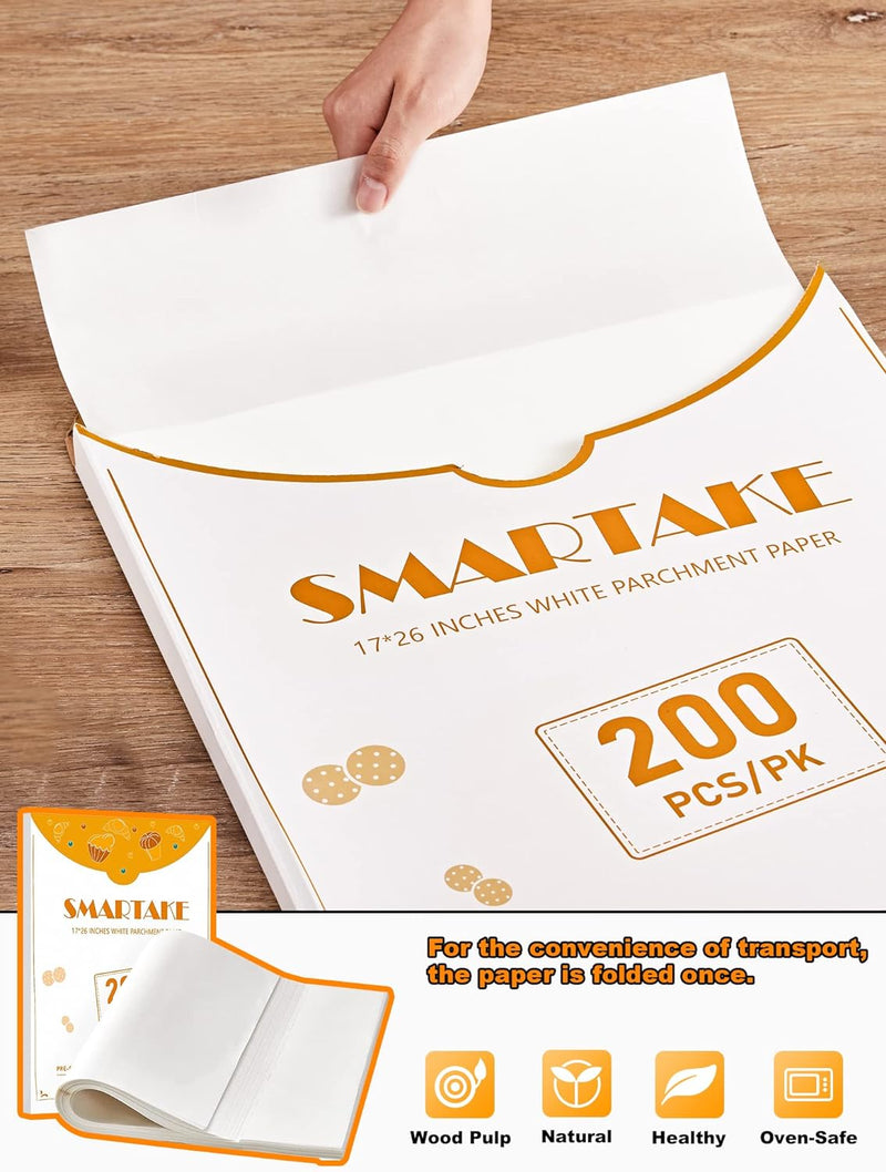 SMARTAKE 200 Pcs Parchment Paper Baking Sheets 12x16 Inch Non-Stick - Suitable for Baking Grilling Air Fryer Steaming and More