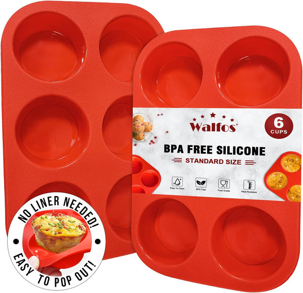 Walfos Silicone Muffin Pan - 6 Cup Non-Stick Baking Cups 2 Pack