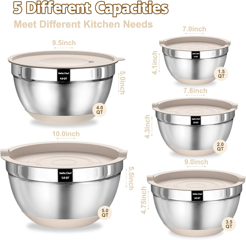 Umite Chef Mixing Bowls Set with Airtight Lids Stainless Steel 8PCS Khaki Non-Slip Bottoms Grater Attachments Sizes 5-15QT