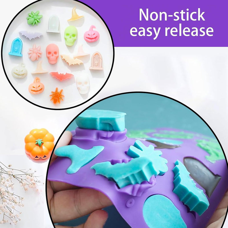 Silicone Gummy Bear Molds - 32PCS Non-stick Chocolate Fondant Mold with 18 Shapes for Candies and 4 Droppers - Dinosaur Donut and Animal Shaped - Including Clean Brush and Storage Box with Wrappers