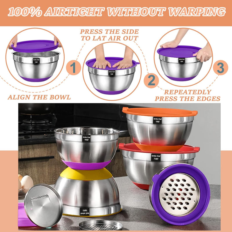 26-Piece Airtight Mixing Bowl Set with Grater Attachments and Non-Slip Bottoms - Stainless Steel Kitchen Gadgets in Khaki Various Sizes