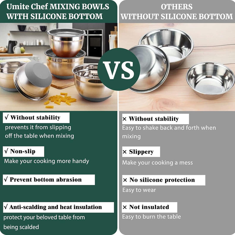 Umite Chef 6-Piece Mixing Bowls with Airtight Lids - Stainless Steel Nesting Storage Set Khaki