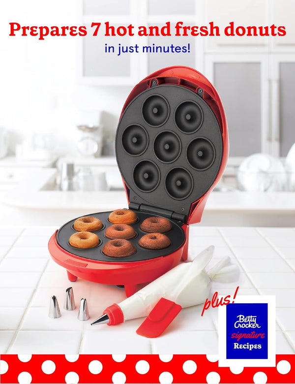 Betty Crocker Mini Donut Maker - Nonstick Surface Cool Touch Handle 7 Donuts Red