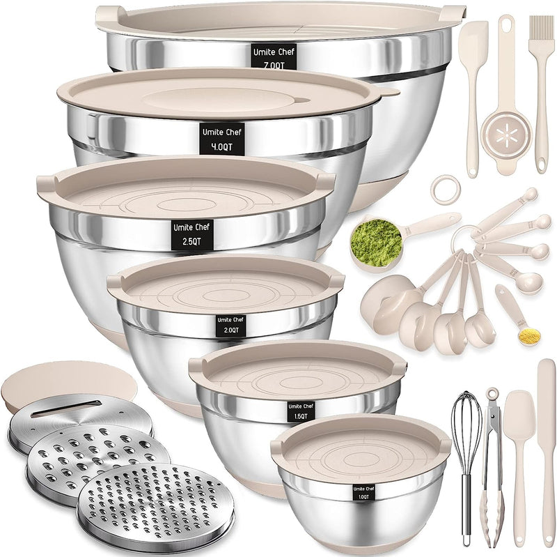 26-Piece Airtight Mixing Bowl Set with Grater Attachments and Non-Slip Bottoms - Stainless Steel Kitchen Gadgets in Khaki Various Sizes