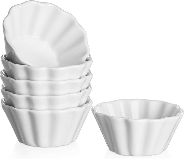 DOWAN 4 oz Porcelain Ramekins - Set of 6 Flower-Shaped for Baking Dipping and Sauces