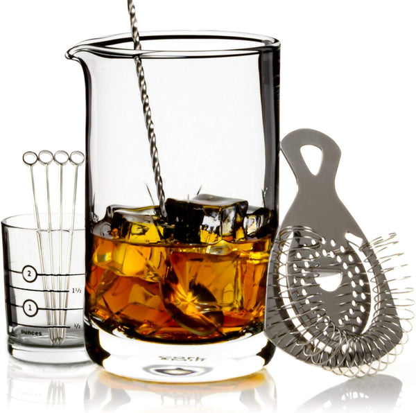 Cork & Mill Cocktail Mixing Glass Set - Old Fashioned Kit - 24 oz (700 ml) Crystal Stirring Glass for Bartending - 9-Piece Bar Accessories and Tools Set with Strainer, Spoon, Jigger, Picks (Silver)