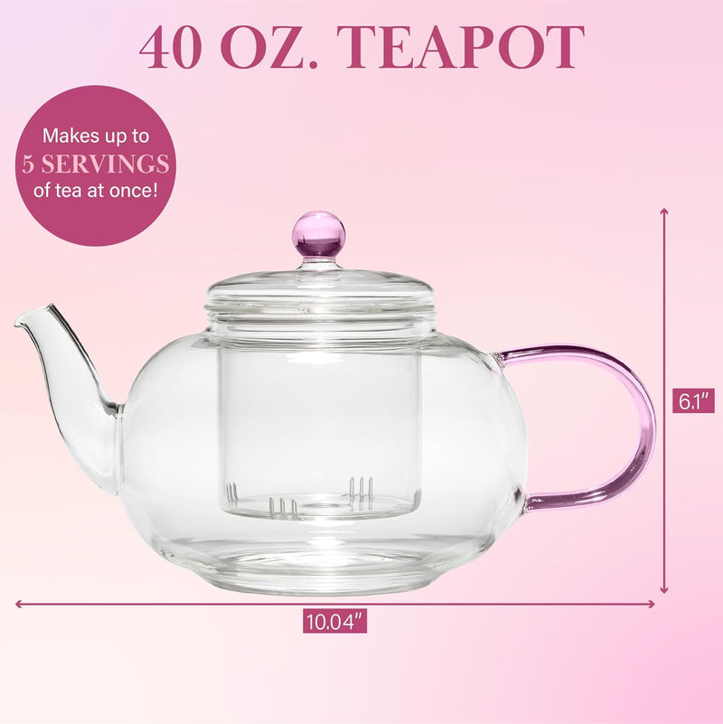 40oz Paris Hilton Glass Teapot with Removable Tea Infuser Filter - Temperature Safe - Perfect Pour Spout - Pink