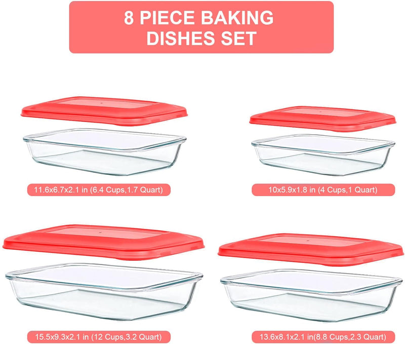 8-Piece Glass Baking Dish Set with Lids for Lasagna Leftovers and More - BPA Free and Fridge-to-Oven Safe