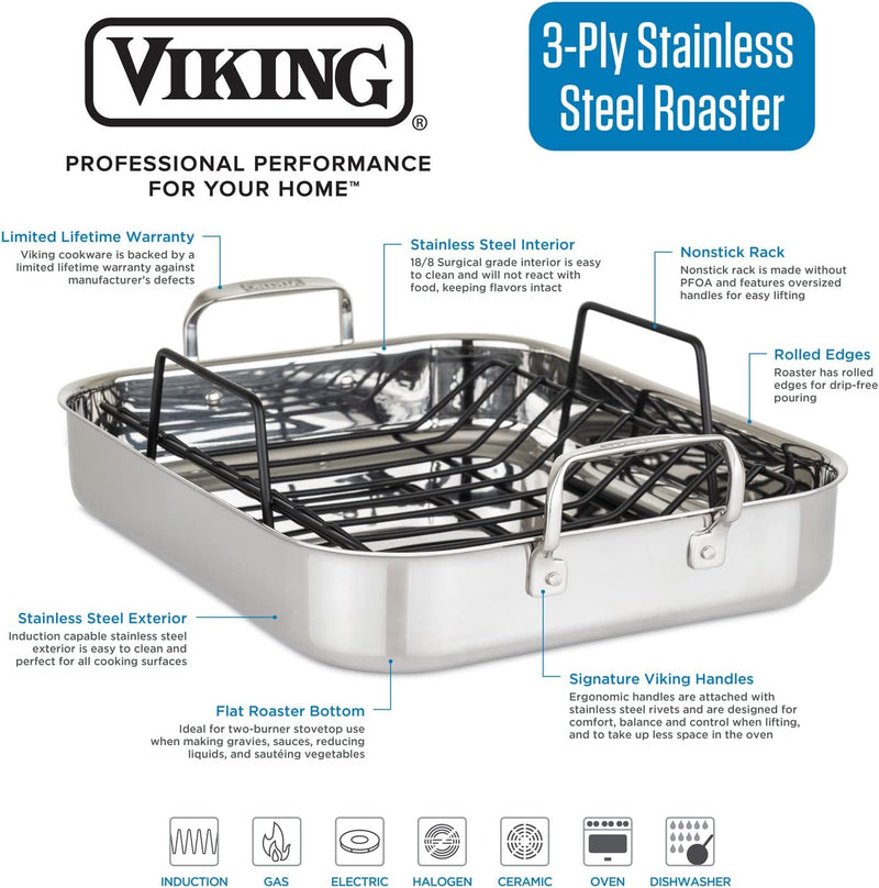 Viking 3-Ply Stainless Steel Roasting Pan with Nonstick Rack - Dishwasher and Oven Safe