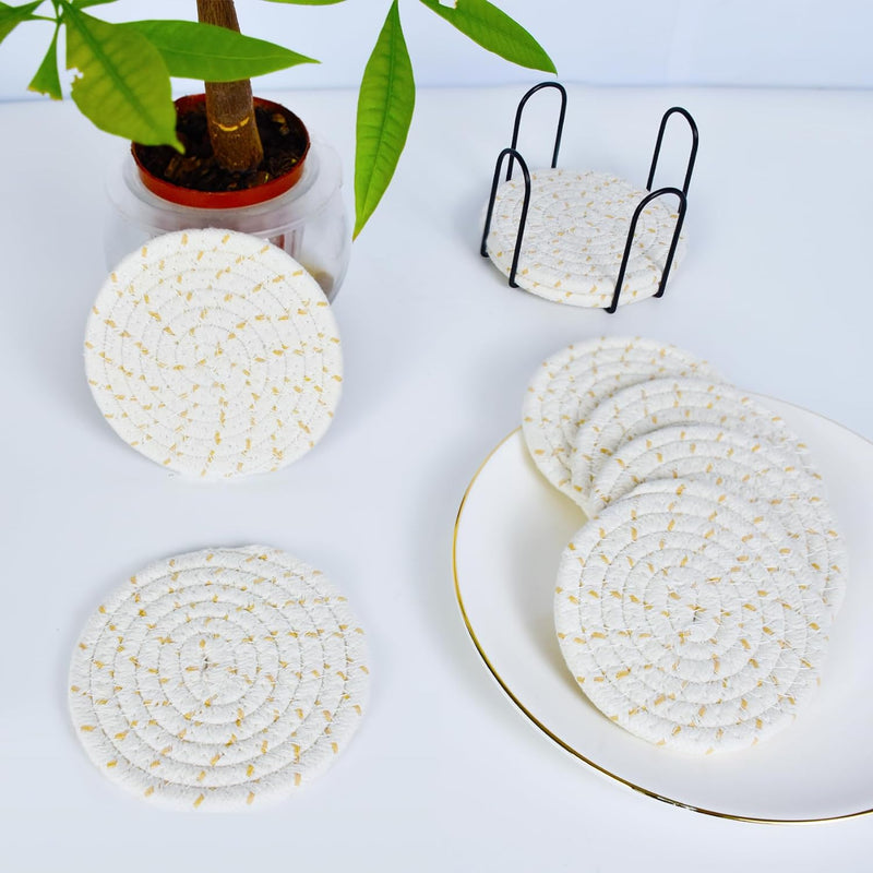 Cotton Woven Drink Coaster Set with Holder - Minimalist Home Decor for Wooden Tabletop Protection