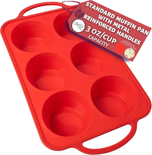 Bake Boss 6-Cup Large Muffin Pan w Handles - Non-Stick Silicone Cupcake Molds BPA-Free Red