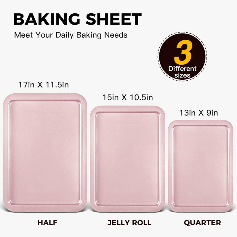 HONGBAKE Baking Sheet Pan Set - Nonstick Bakeware with Wider Grips 3 Pack Dishwasher Safe